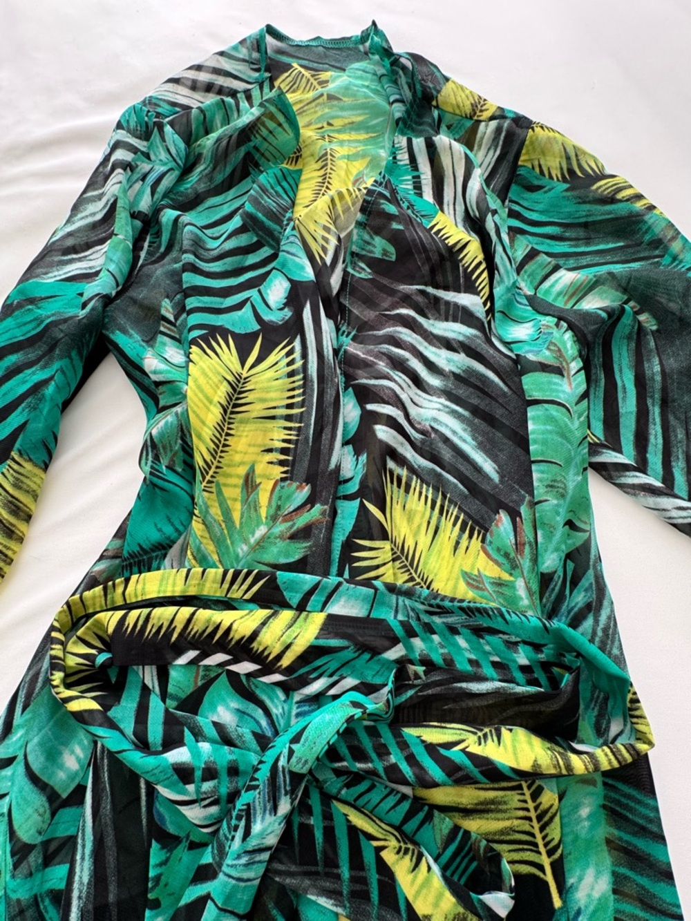 Swim Coverup Tropical Print Long Sleeve with Belt Size Large